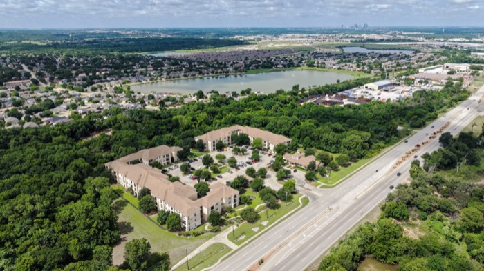 Wide aerial view of Villas on Calloway Creek and surrounding neighborhood